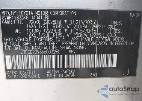 2005 Toyota Rav4 z USA, uszkodzony, nr VIN JTEGD20V356003260